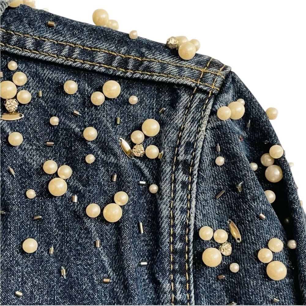 Pilcro & The Letterpress Anthropologie Pearl Denim Embellished Jean Jacket XS - Picture 8 of 9